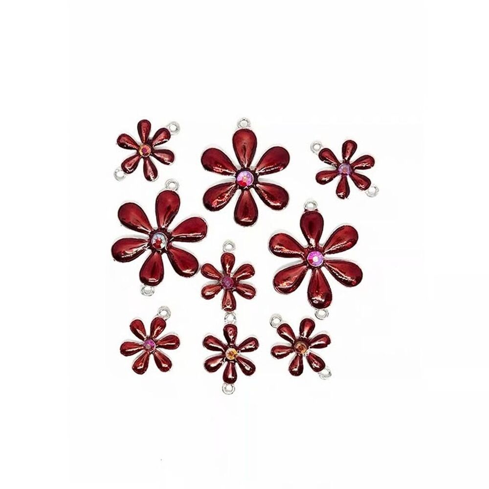 9pc Beads for Jewelry #21452 Enamel & Silver Tone Metal Flowers